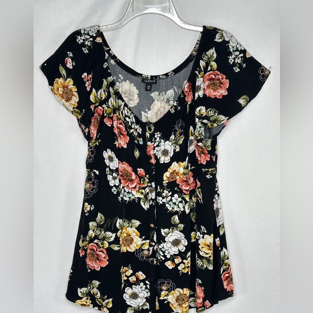Torrid Black Floral Babydoll Top Off Shoulder Crepe Cottagecore Boho Sz 00 M/L - Picture 2 of 9